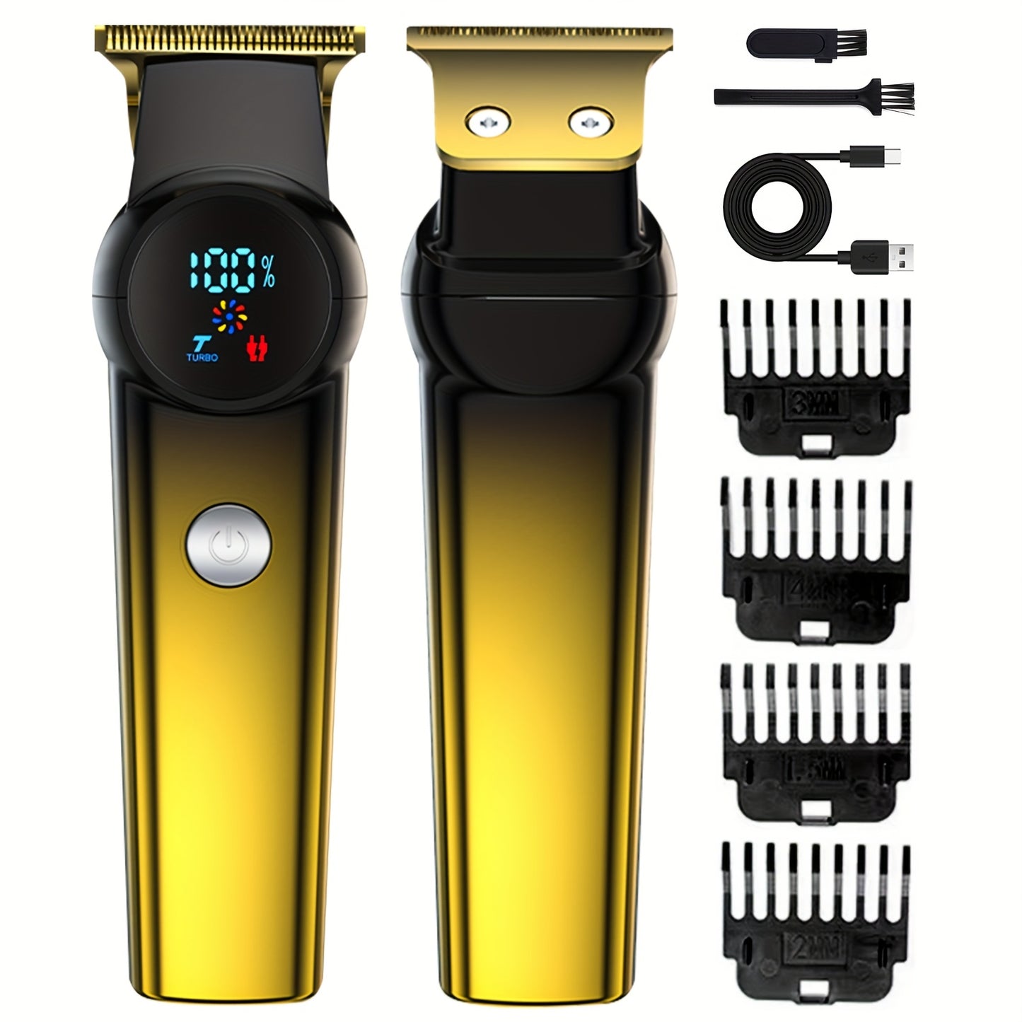 3pcs/se 1pc/sett Men's Professional Golden Hair Clipper & Trimmer Set - USB Rechargeable Hair Cutting Kit with LCD Display Including Electric Shaver, T-Blade Trimmer, 8 Limit Combs, 3 USB Cables, 3 Cleaning Brushes & Combs -