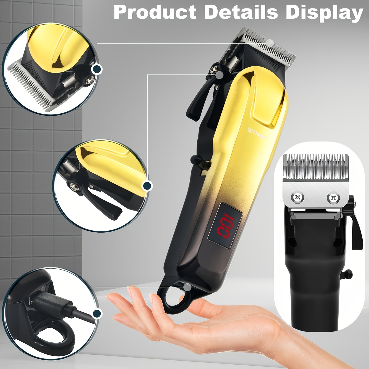 3pcs/se 1pc/sett Men's Professional Golden Hair Clipper & Trimmer Set - USB Rechargeable Hair Cutting Kit with LCD Display Including Electric Shaver, T-Blade Trimmer, 8 Limit Combs, 3 USB Cables, 3 Cleaning Brushes & Combs -