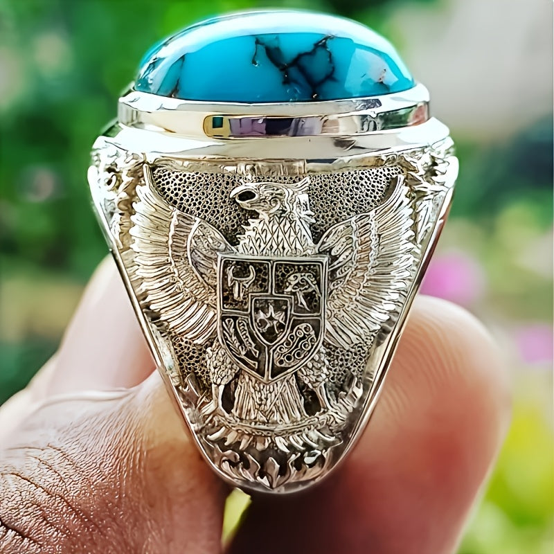 Men's Vintage Eagle Design Ring with Turquoise Stone – Retro Arabic Style Alloy Band, Intricate Engraved Eagle & Shield Motif, Perfect for Gifts, Parties, and Celebrations, Gift Ring | Retro Design | Engraved Jewelry, Best