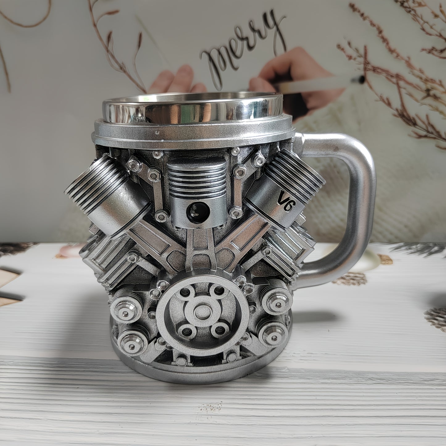 V6 or V8 Engine Beer & Coffee Mug - Heavy-Duty Cup with Piston, Connecting Rods, Valve Covers - Compatible with Automotive Enthusiasts, Mechanics, Car Lovers - Ideal Birthday/Retirement Gift for Men, Unique Gift Item, Detaile