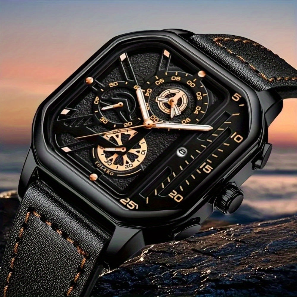 1pc Vintage Faux Leather Sport Wrist Watch - Stylish Black Quartz Movement with Square Dial, Brown Faux Leather Strap & Golden-Tone Accents, Casual Business Casual Attire, Father'S Day Gift, Campus Accessory, Vintage Wristwat
