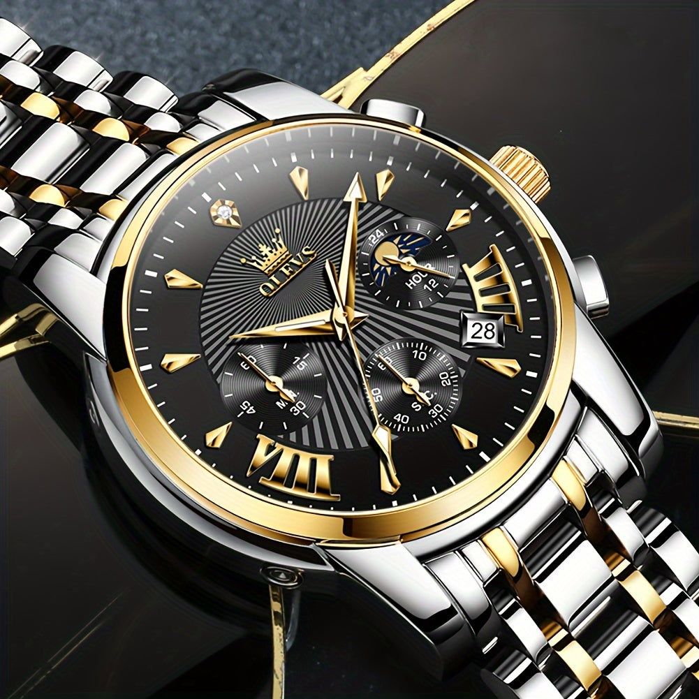OLEVS Watch for Men Chronograph Stainless Steel Case Analog Quartz Fashion Business Dress Large Face Men Watch Day Date Luminous Waterproof Casual Male Wrist Watch