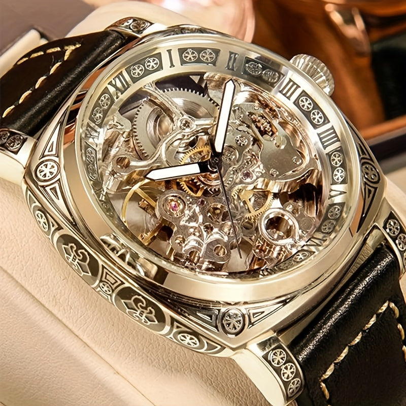 Men'S Golden Automatic Mechanical Watch with Hollowed-Out Skull Dial, Roman Numerals & World Time Function - Luxury Round Formal & Casual Wristwatch with Black Faux Leather Strap, Mechanical Movement, No Battery Needed, Forma