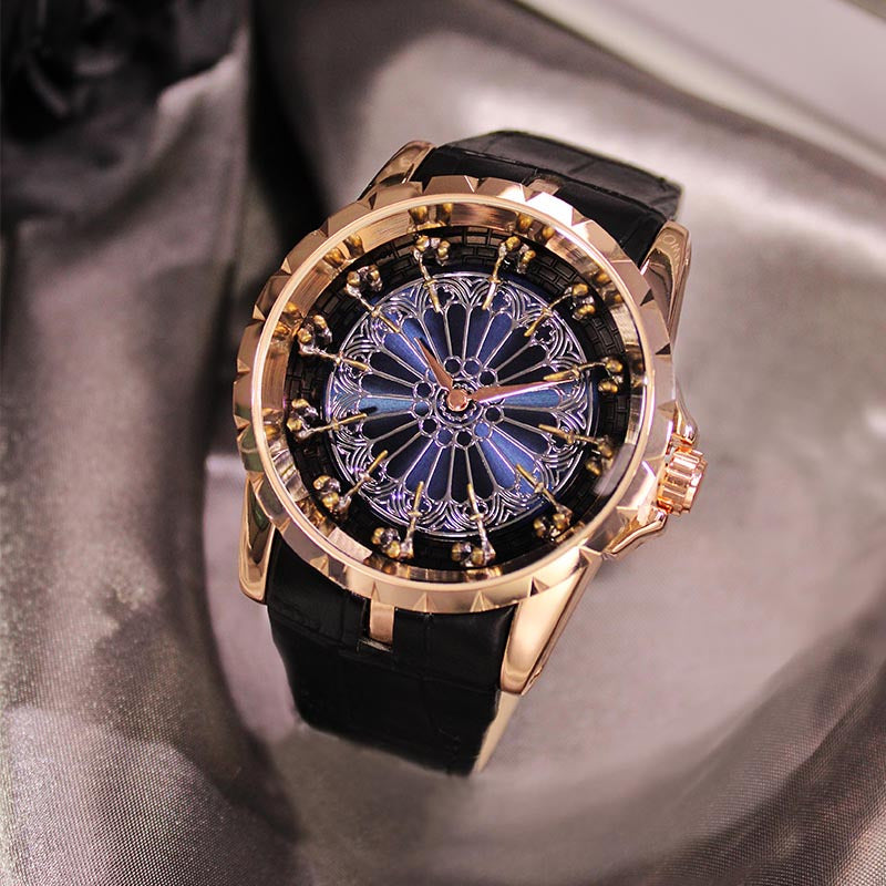1pc/Set Men'S Rose Black PU Belt Party Style Novel Round Table Twelve Knight Quartz Watch Gift Box Set, Christmas