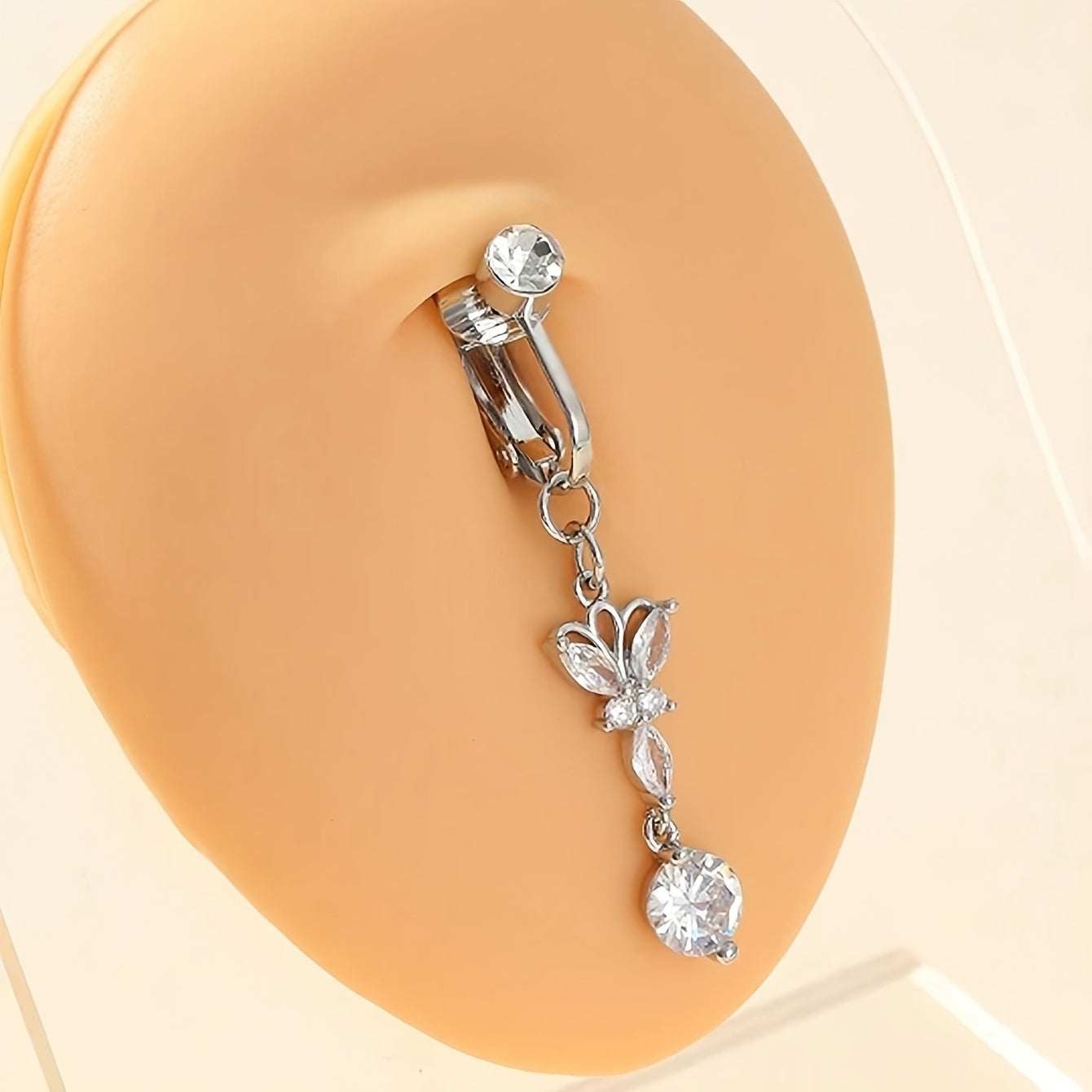 Zinc Alloy Butterfly Clip-On Fake Belly Button Ring - Elegant & Sexy Non-Piercing Jewelry with Cubic Zirconia Accents - Perfect for Daily Wear & Parties