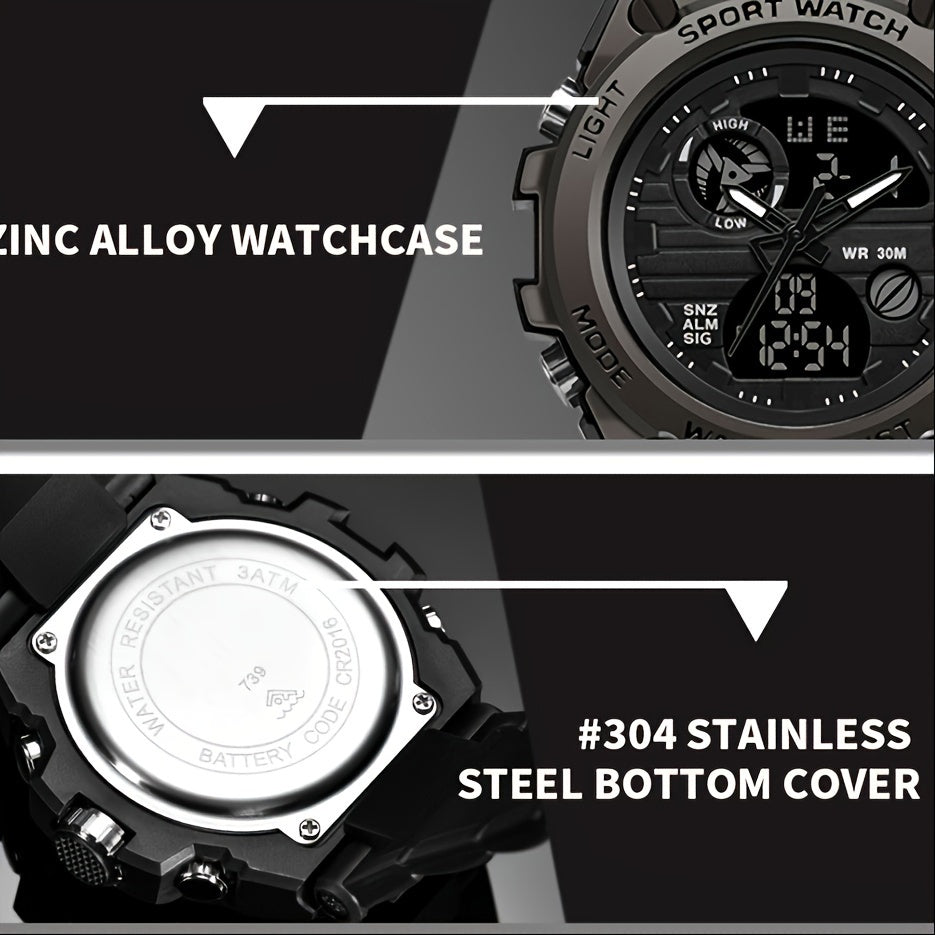 Rugged Men's LED Digital & Analog Sports Watch - to 30m, Stopwatch, Dual Display, Durable Black Resin Band, Zinc Alloy Case, for Outdoor Adventures