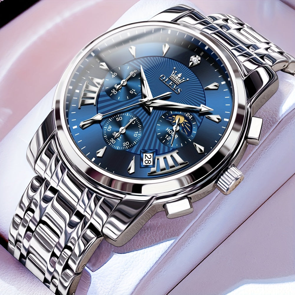 OLEVS Watch for Men Chronograph Stainless Steel Case Analog Quartz Fashion Business Dress Large Face Men Watch Day Date Luminous Waterproof Casual Male Wrist Watch