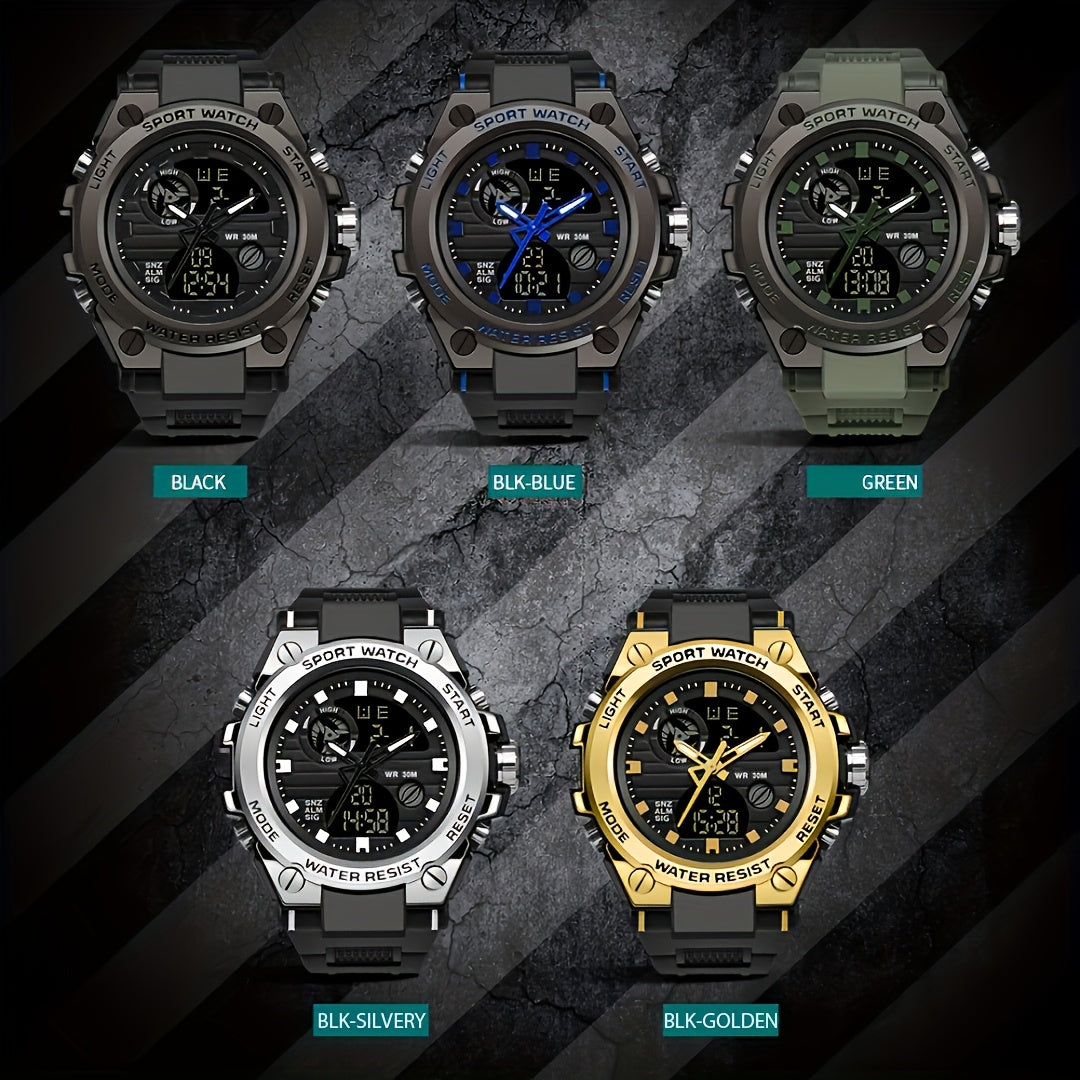 Rugged Men's LED Digital & Analog Sports Watch - to 30m, Stopwatch, Dual Display, Durable Black Resin Band, Zinc Alloy Case, for Outdoor Adventures