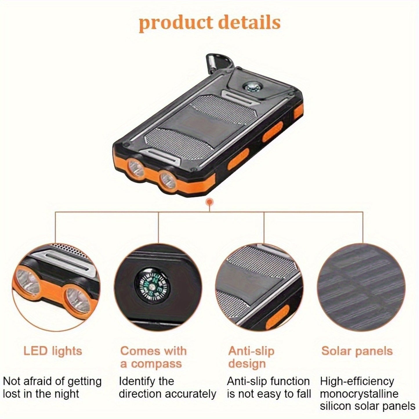 Portable Solar Mobile Phone Charger, Camping External Battery Charger For Mobile Phones, 2 USB/ LED Flashlights With Compass For Outdoor Activities, 15800/20000mAh Portable Solar Power Bank
