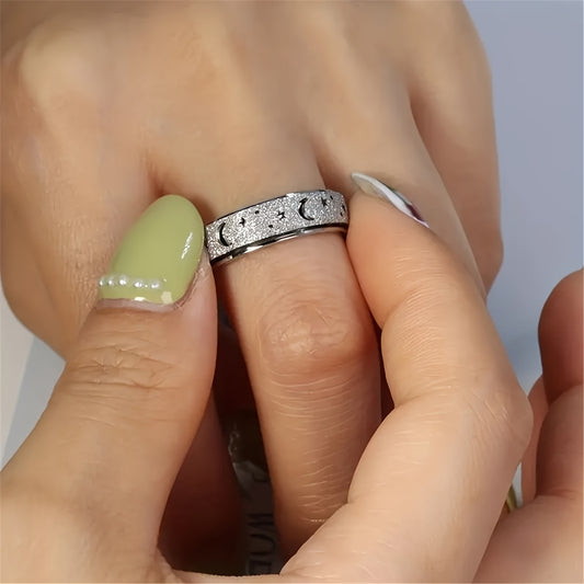 Unique Spinner Ring for Women & Men - Rotatable Moon Star Design with Stainless Steel Finish, Gift for Eid, Ramadan