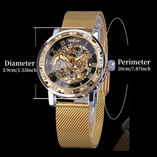 1pc Elegant Men's Mechanical Watch with Rhinestone Accents, Golden-Tone Hollow Mesh Band, Stainless Steel & Zinc Alloy Case, Self-Winding Movement, No Battery Needed - Business Style Luxury Watch for Formal & Casual Wear, For