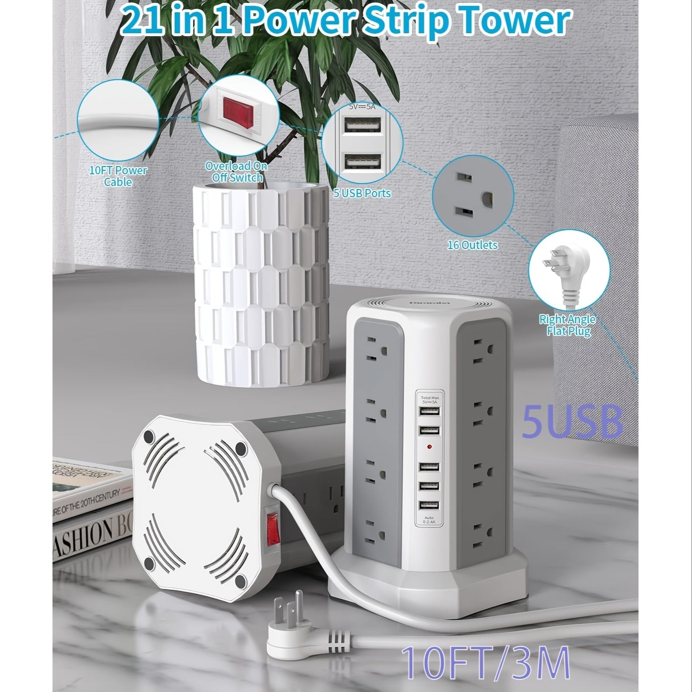 LEVEL 4 Upgraded New Product Flat Plug 16 AC Outlets Power Strip Tower with USB/USB C Port, Surge Protector Power Tower with 5 USB Charging Ports, Extension Cord Desktop Power Strip