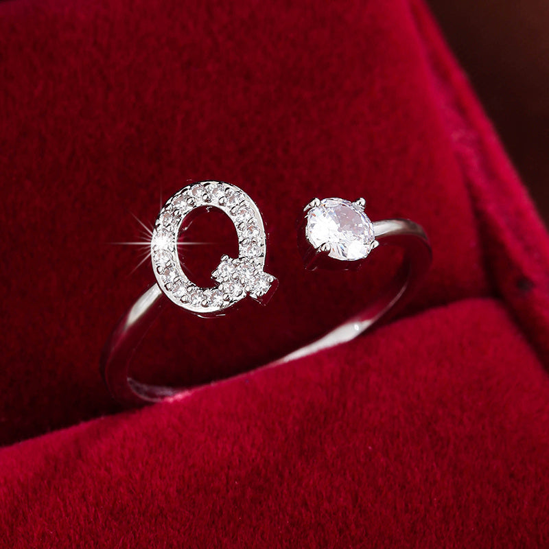 [Copper Fashion Ring] Four-claw Round Zirconia Adjustable Copper Ring With 26 English Letters