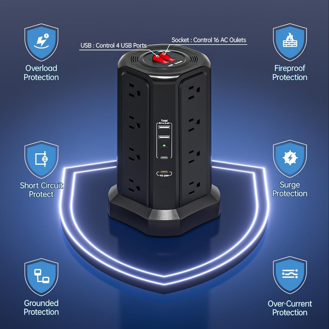 LEVEL 4 Upgraded New Product Flat Plug 16 AC Outlets Power Strip Tower with USB/USB C Port, Surge Protector Power Tower with 5 USB Charging Ports, Extension Cord Desktop Power Strip