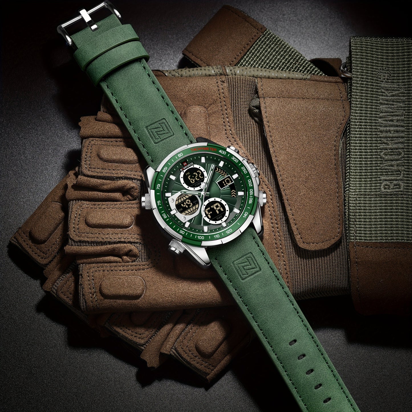 NAVIFORCE Men's Dual Display Sports Watch - Green Genuine Leather Strap, Stainless Steel Case, Chronograph & Date Functions, Ideal for Casual or Athletic Wear, Athletic Accessory|Classic Round Dial|Durable Zinc Alloy