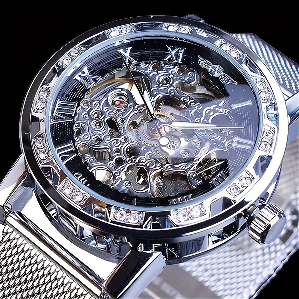1pc Elegant Men's Mechanical Watch with Rhinestone Accents, Golden-Tone Hollow Mesh Band, Stainless Steel & Zinc Alloy Case, Self-Winding Movement, No Battery Needed - Business Style Luxury Watch for Formal & Casual Wear, For