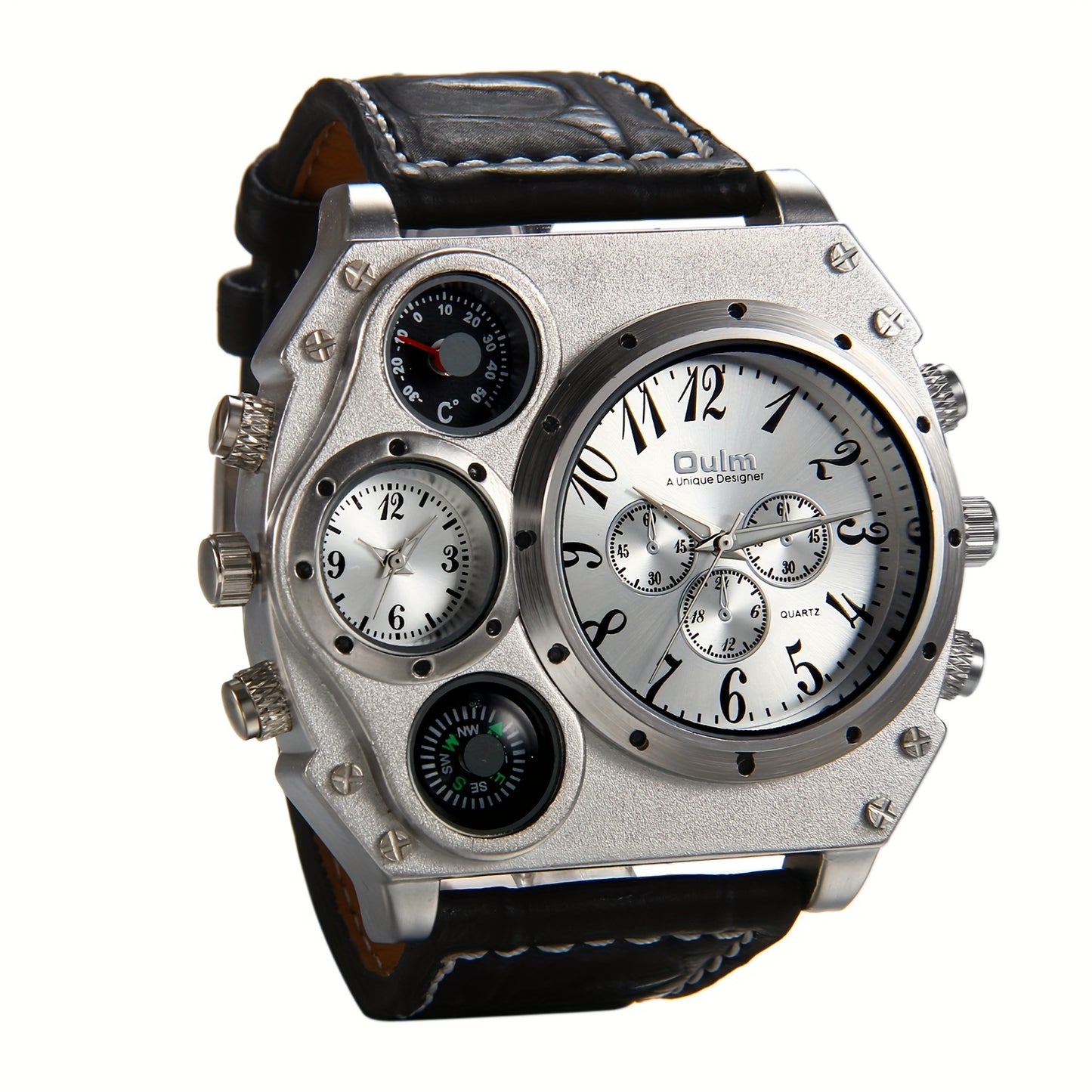 Men 2 Time Zone Big Quartz Watch Mens Faux Leather Wrist Watch Casual Sports Wirstwatch