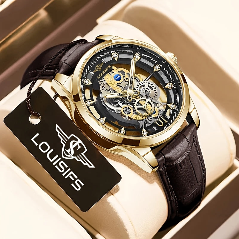 Men's Double-Sided Hollow Luminous Quartz Watch with Mechanical Automatic Movement, Transparent Case & Date Display - Business Casual Dress Watch, Ideal Gift for Him