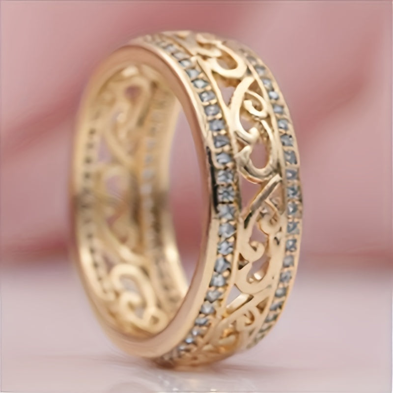 1pc, Elegant & Luxury Style, Engrave Hollow Flower Texture Wide Ring, Inlay Shiny Rhinestone Ring, Fashion Delicate Accessory For Daily Wear & Party, Idea Gift For Friends