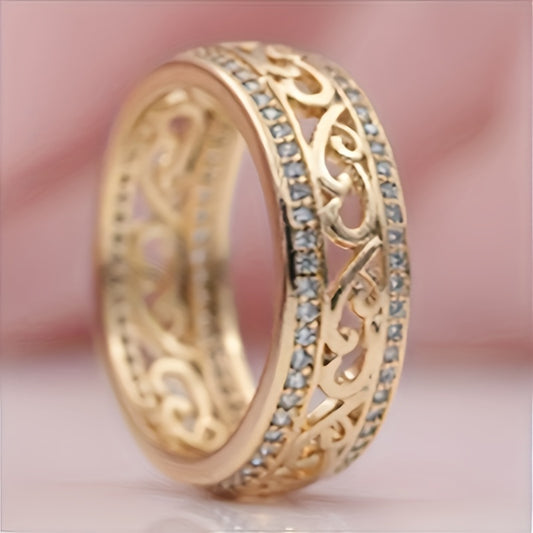 1pc, Elegant & Luxury Style, Engrave Hollow Flower Texture Wide Ring, Inlay Shiny Rhinestone Ring, Fashion Delicate Accessory For Daily Wear & Party, Idea Gift For Friends