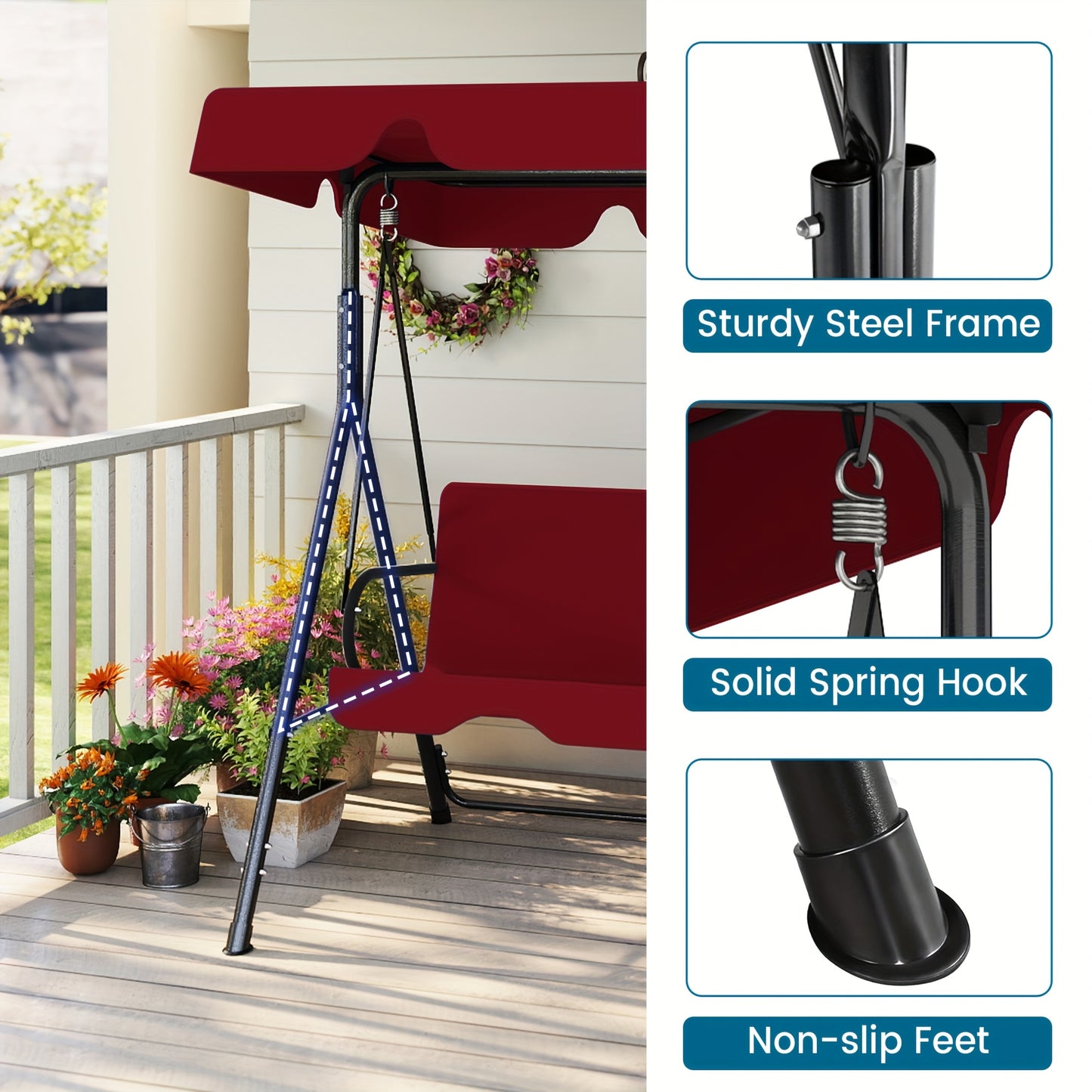 Outdoor Patio Swing with Canopy and Sturdy Frame, Suitable for Adults, Rustproof Material, Durable and Long-lasting