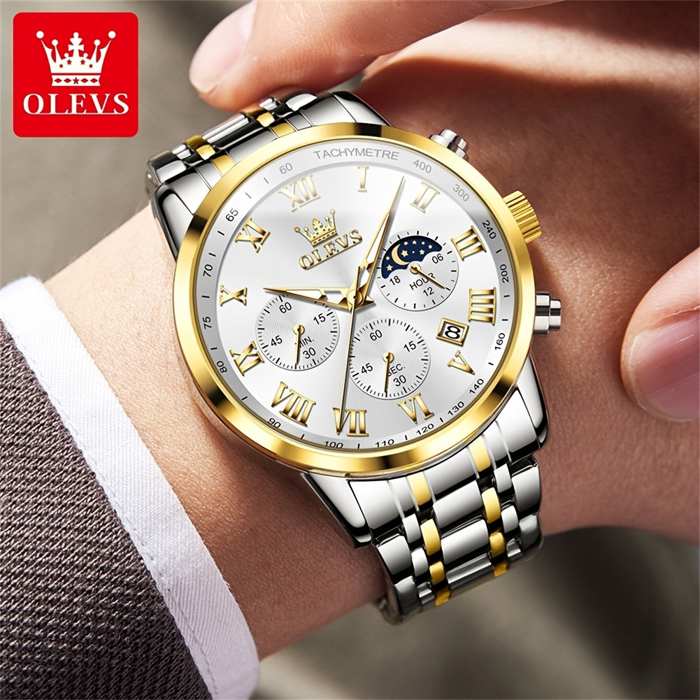 OLEVS Original Stainless Steel Fashion Multifunction Quartz Watch for Men High Quality Chronograph Calendar Moon Phase Luminous Luxury Men's Wrist Watches