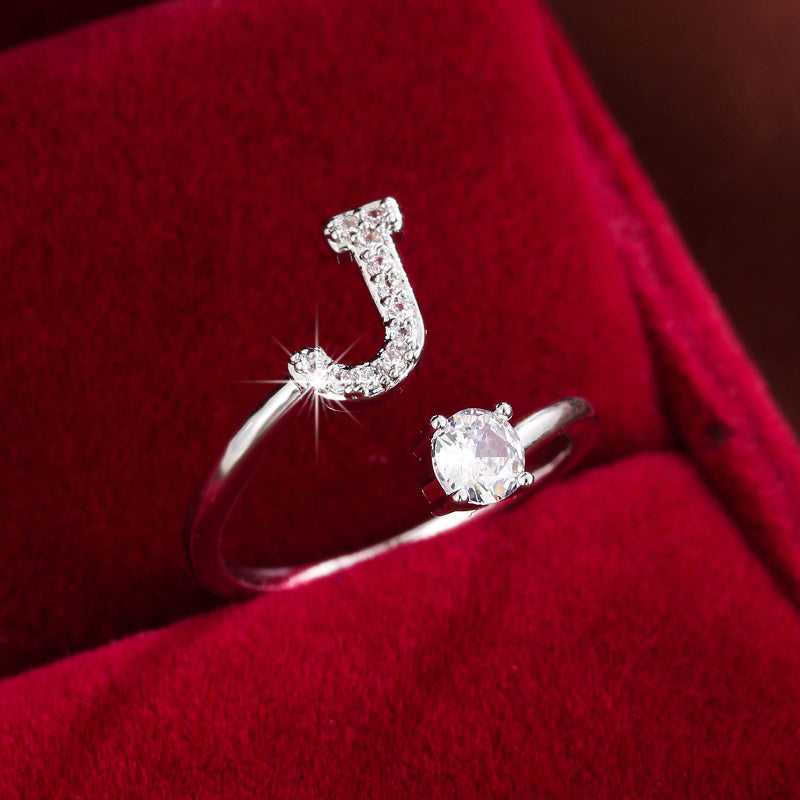 [Copper Fashion Ring] Four-claw Round Zirconia Adjustable Copper Ring With 26 English Letters