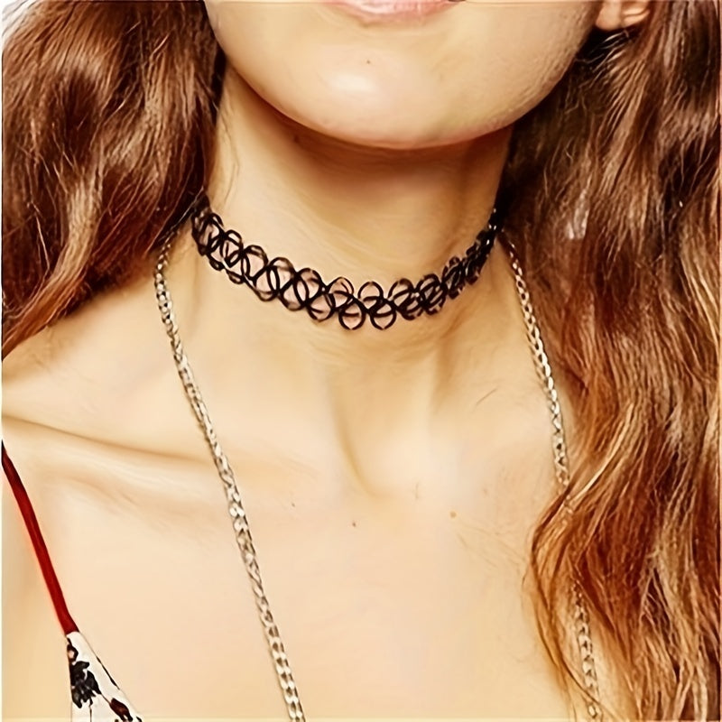 6pcs/Set Adjustable Velvet Rope Choker Necklace, Gothic Sexy Lace Tattoo Style, Synthetic Fiber for Daily & Party Wear, All-Season