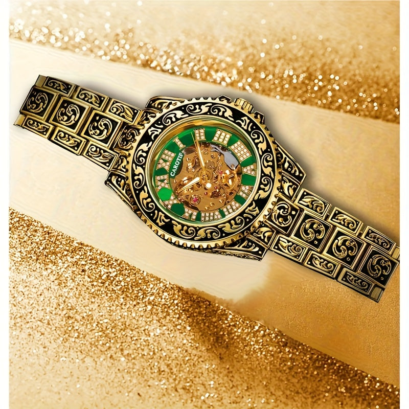 1pc Men'S Red Steel Belt Retro Style Design Novel Fashion Luminous Carved Mechanical Watch