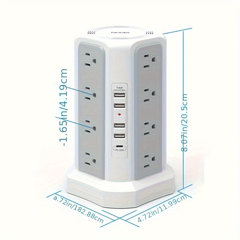 LEVEL 4 Upgraded New Product Flat Plug 16 AC Outlets Power Strip Tower with USB/USB C Port, Surge Protector Power Tower with 5 USB Charging Ports, Extension Cord Desktop Power Strip