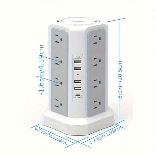 LEVEL 4 Upgraded New Product Flat Plug 16 AC Outlets Power Strip Tower with USB/USB C Port, Surge Protector Power Tower with 5 USB Charging Ports, Extension Cord Desktop Power Strip