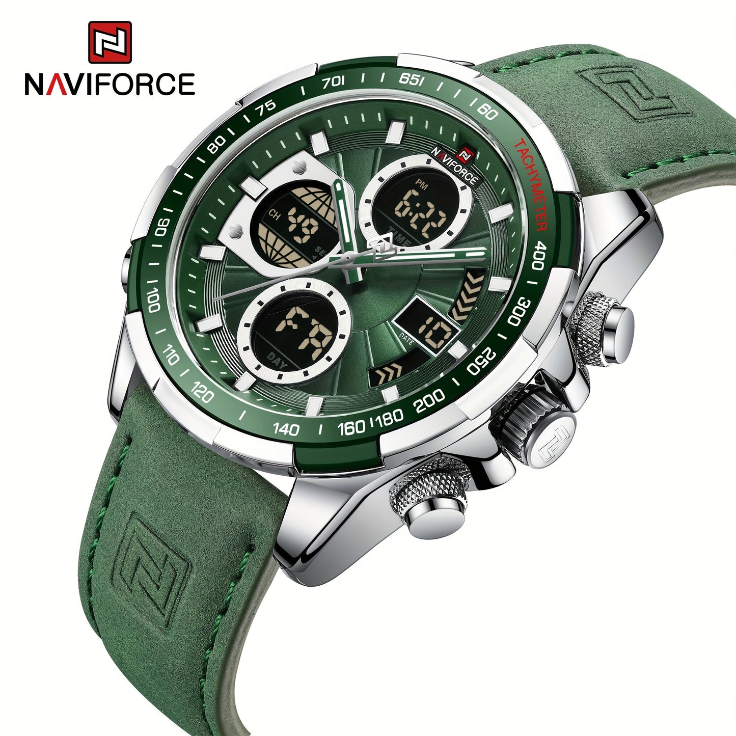 NAVIFORCE Men's Dual Display Sports Watch - Green Genuine Leather Strap, Stainless Steel Case, Chronograph & Date Functions, Ideal for Casual or Athletic Wear, Athletic Accessory|Classic Round Dial|Durable Zinc Alloy