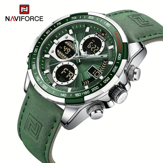 NAVIFORCE Men's Dual Display Sports Watch - Green Genuine Leather Strap, Stainless Steel Case, Chronograph & Date Functions, Ideal for Casual or Athletic Wear, Athletic Accessory|Classic Round Dial|Durable Zinc Alloy