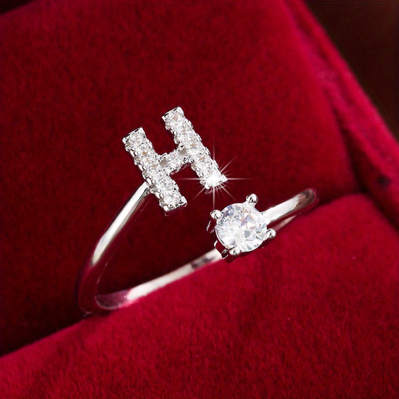 [Copper Fashion Ring] Four-claw Round Zirconia Adjustable Copper Ring With 26 English Letters