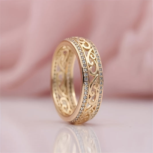 1pc, Elegant & Luxury Style, Engrave Hollow Flower Texture Wide Ring, Inlay Shiny Rhinestone Ring, Fashion Delicate Accessory For Daily Wear & Party, Idea Gift For Friends