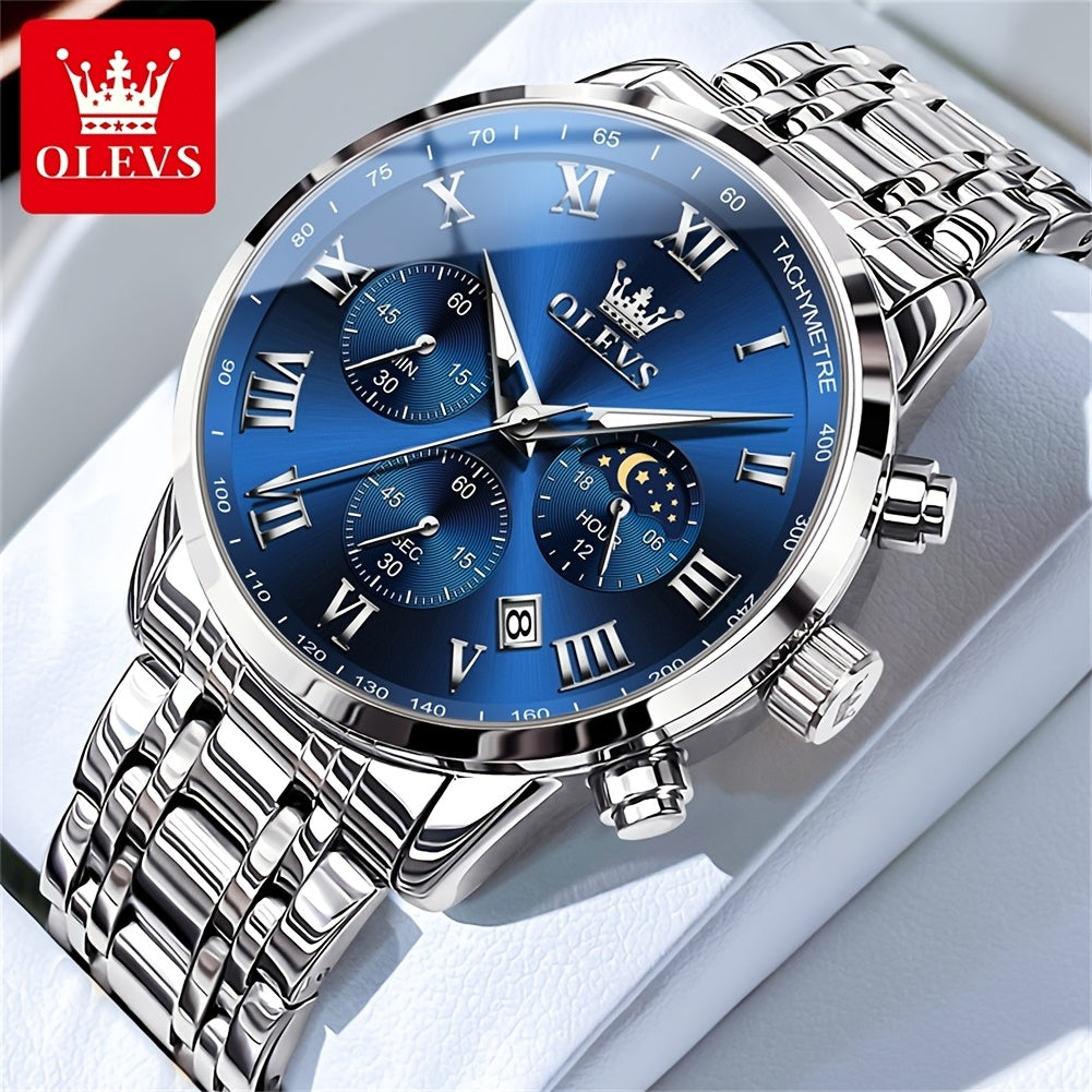 OLEVS Original Stainless Steel Fashion Multifunction Quartz Watch for Men High Quality Chronograph Calendar Moon Phase Luminous Luxury Men's Wrist Watches
