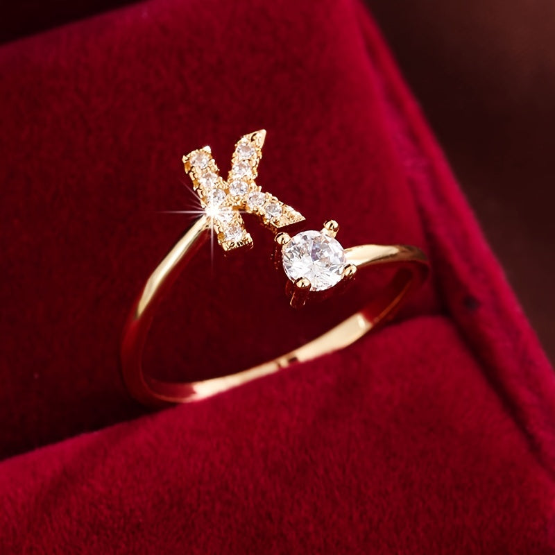 [Copper Fashion Ring] Four-claw Round Zirconia Adjustable Copper Ring With 26 English Letters
