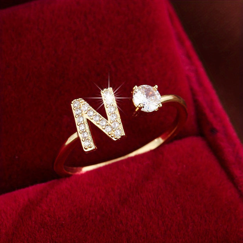 [Copper Fashion Ring] Four-claw Round Zirconia Adjustable Copper Ring With 26 English Letters