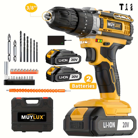 [Cordless Drill Set] 20V 2-Variable Speed Cordless Drill Set, Impact Power Drill With 3/8 Inch Keyless Chuck, 18+3 Clutch Electric Drill, Max Torque 45Nm, Work Light, 2.0AH Batteries And Fast Charger