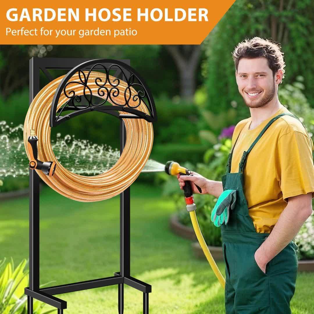 1pc Metal Garden Hose Holder, Outdoor Water Hose Holder with Hose Reel, Easy to Assemble, Detachable Design for Convenient Storage, for Outdoor, Garden, Patio Lawn, Black