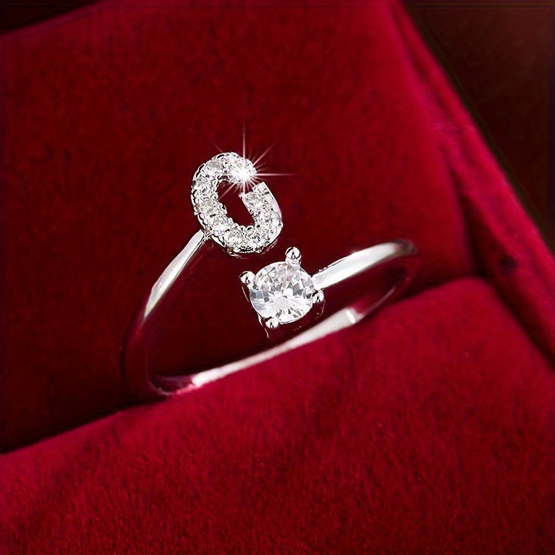 [Copper Fashion Ring] Four-claw Round Zirconia Adjustable Copper Ring With 26 English Letters