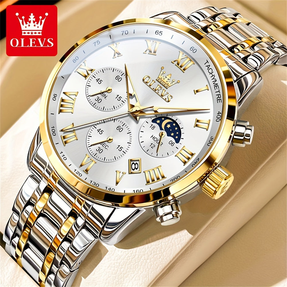 OLEVS Men Watch Stainless Steel Chronograph Roman Numerals Moon Phases Analog Quartz Luxury Dress Watch for Men