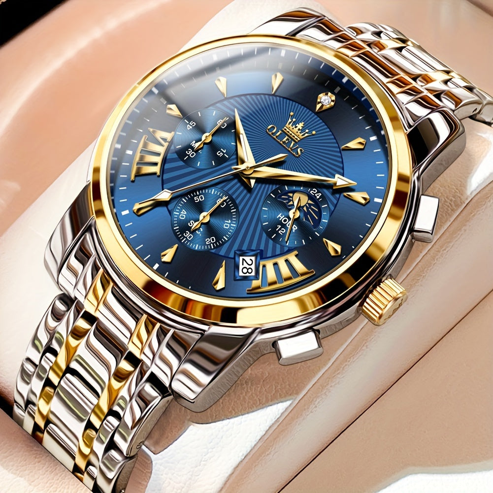 OLEVS Watch for Men Chronograph Stainless Steel Case Analog Quartz Fashion Business Dress Large Face Men Watch Day Date Luminous Waterproof Casual Male Wrist Watch