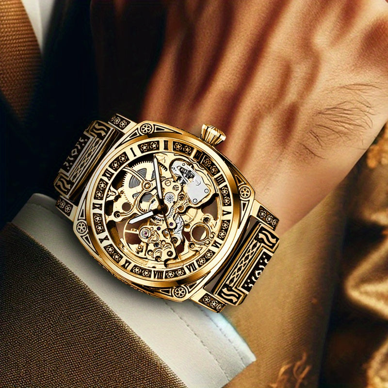 1pc Elegant Men'S Mechanical Watch, Goldene Zinc Alloy Case, Self-Winding Round Dial with Carved Night Light Design, Pointer Display, Zinc Alloy Strap - No Battery Required