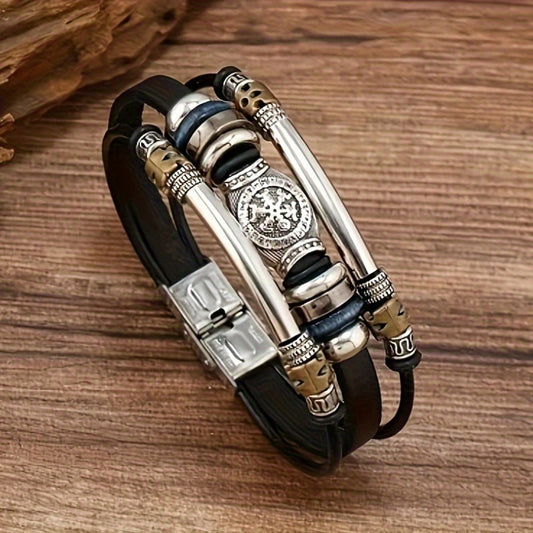 Vintage Viking Style Men's Bracelet - Faux Leather & Copper Metalwork with Intertwined Bands, Roman Numeral Dial & Lion Head Charms - Durable PU Leather Statement Jewelry Gift for Him