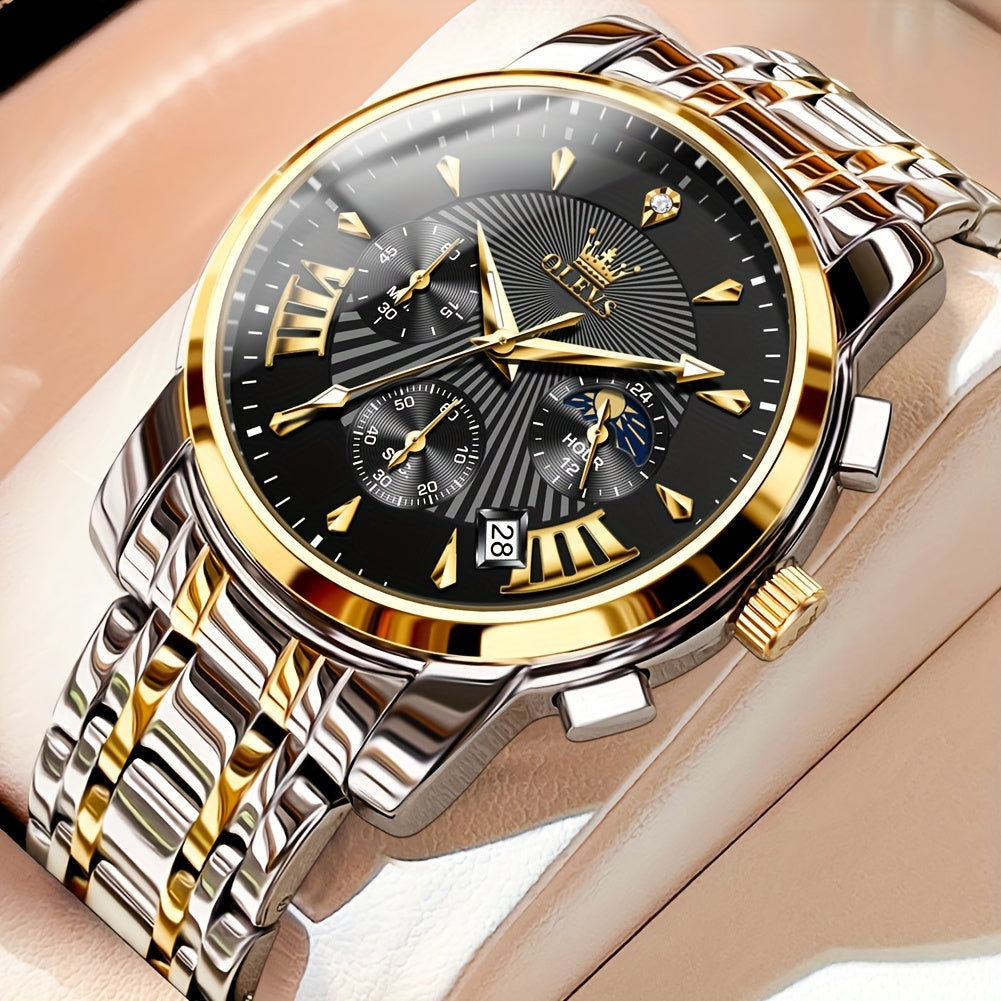 OLEVS Watch for Men Chronograph Stainless Steel Case Analog Quartz Fashion Business Dress Large Face Men Watch Day Date Luminous Waterproof Casual Male Wrist Watch