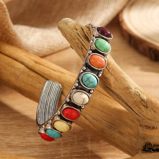 Vibrant Boho Turquoise Cuff Bracelet - Handcrafted Vintage Elegance with Adjustable Fit and Genuine Stones