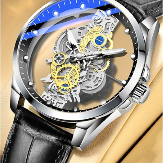 [Silvery Luminous Quartz Watch] Silvery Men's Luminous Quartz Watch - One Business Style Hollow Out See Through
