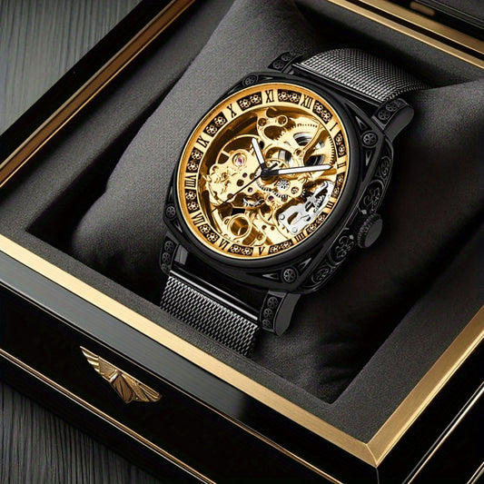 Men's Avant-Garde Automatic Mechanical Watch - Black Steel Mesh Strap, Golden-Tone Skeleton Dial with Carved Hollow-Out Design, Roman Numerals & Date Display - Luxury Modern Men's Fashion Accessory, Automatic Wristwatch | Mod