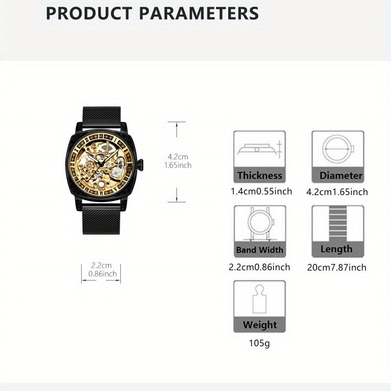 Men's Avant-Garde Automatic Mechanical Watch - Black Steel Mesh Strap, Golden-Tone Skeleton Dial with Carved Hollow-Out Design, Roman Numerals & Date Display - Luxury Modern Men's Fashion Accessory, Automatic Wristwatch | Mod